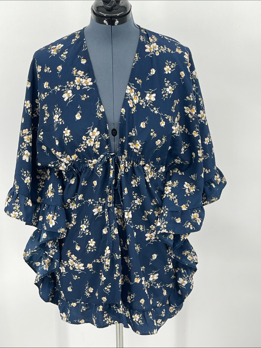Floral Drawstring Ruffle Kimono Top - Navy WOMENS SIZE S-M